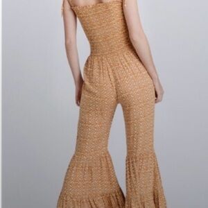 Storia Mustard Floral Smoked Bell Bottom Jumpsuit Bohemian Medium Spring Resort